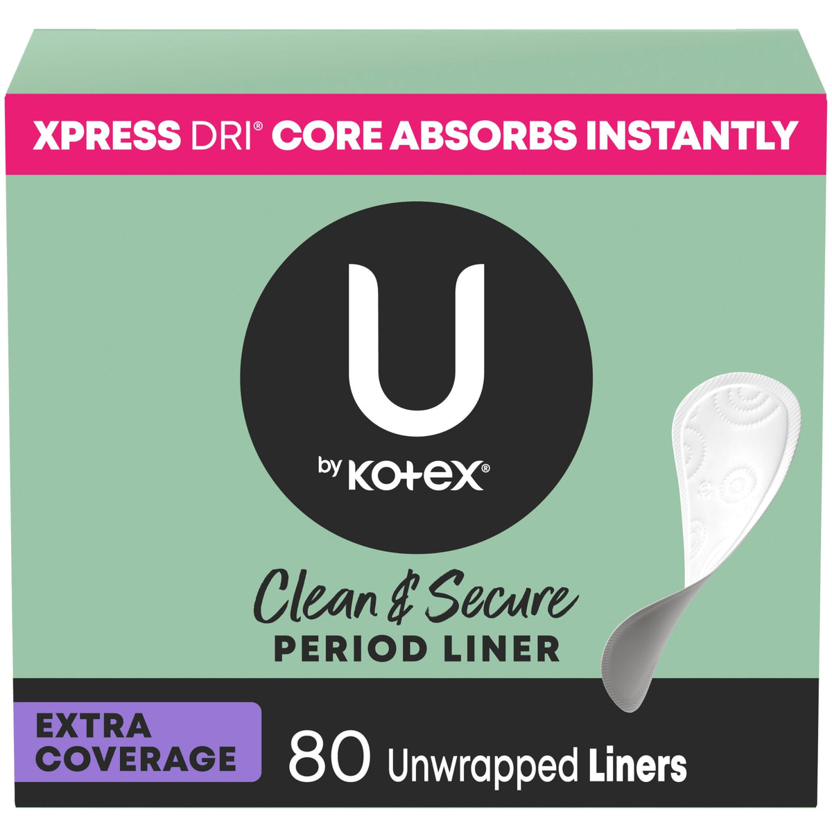 U by Kotex empaque frontal mostrando 80 protectores, conveniencia para llevar