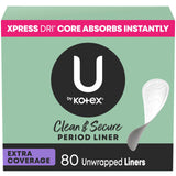 U by Kotex empaque frontal mostrando 80 protectores, conveniencia para llevar
