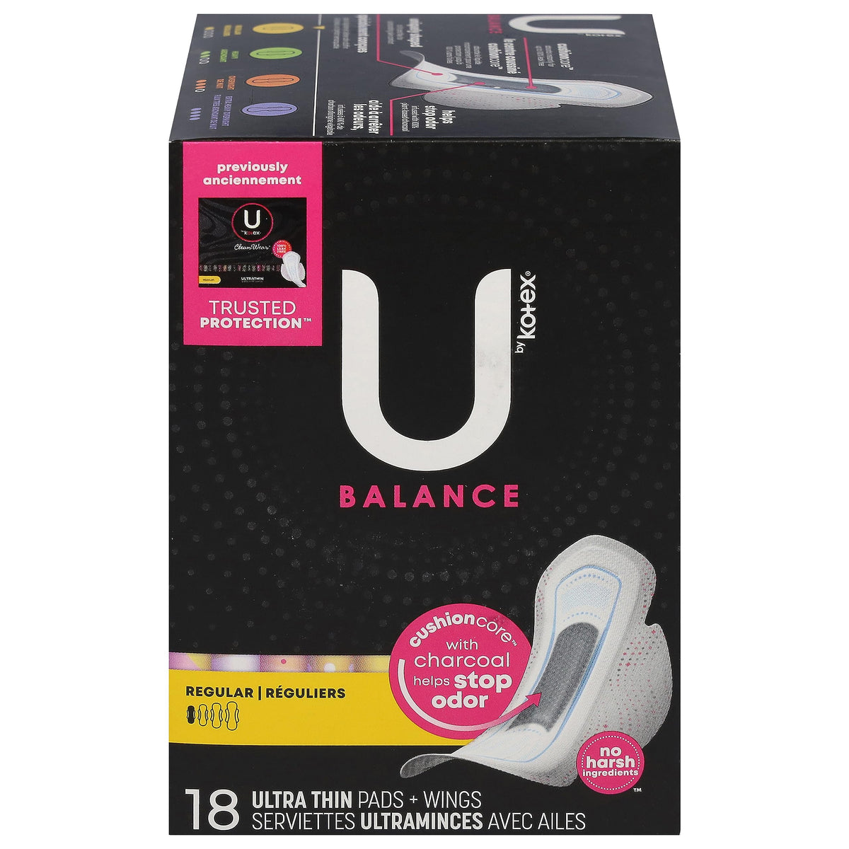 U by Kotex frontal de empaque mostrando diseño ultradelgado y beneficio de absorción rápida
