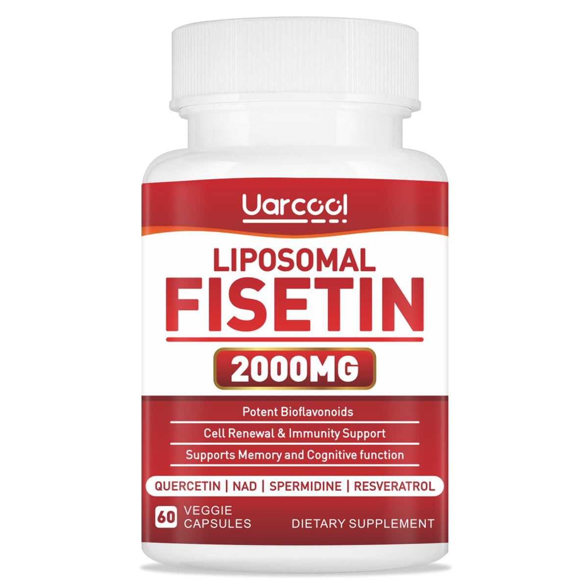 Uarcool frasco delantero de Fisetin mostrando etiqueta clara y beneficios