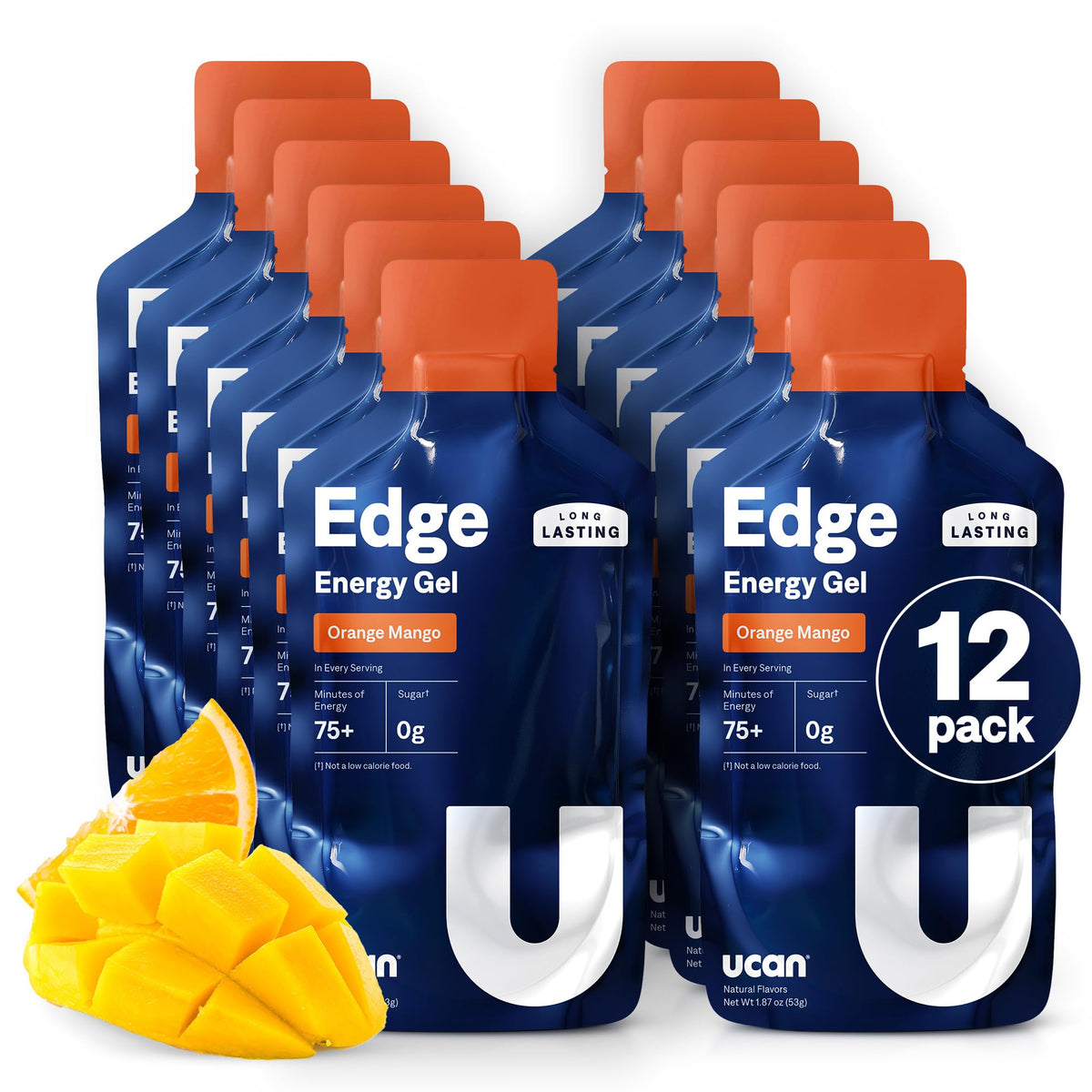 UCAN Edge frente del empaque mostrando sabor naranja mango y beneficio energía sostenida