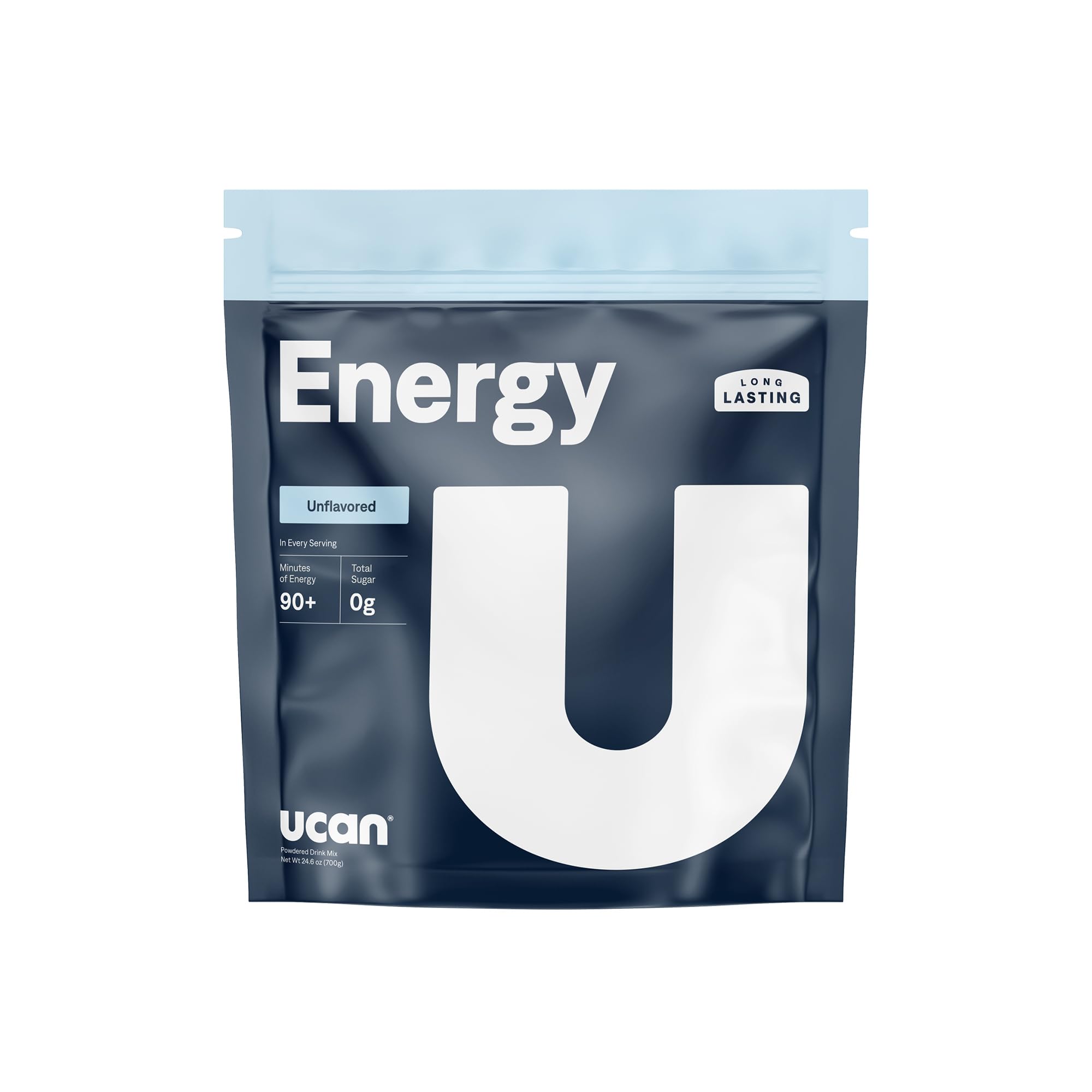UCAN envase frontal sin sabor mostrando la marca y porciones, energía sostenida