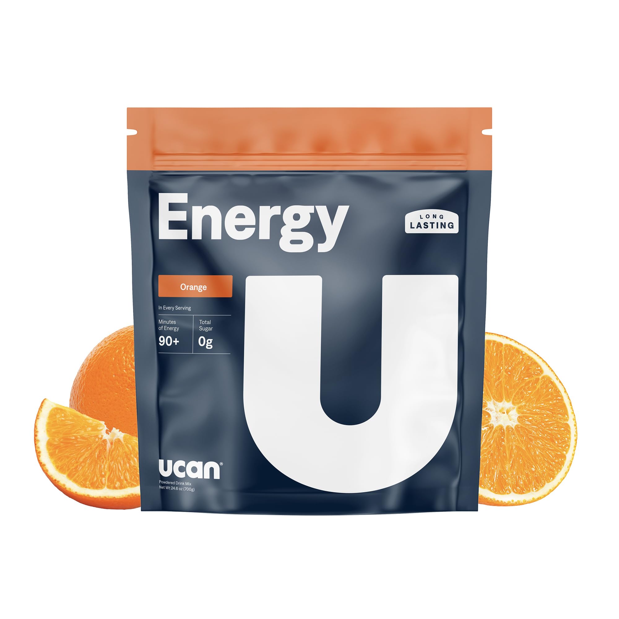 UCAN envase Tropical Orange mostrado al frente con etiqueta clara y beneficio de energía sostenida