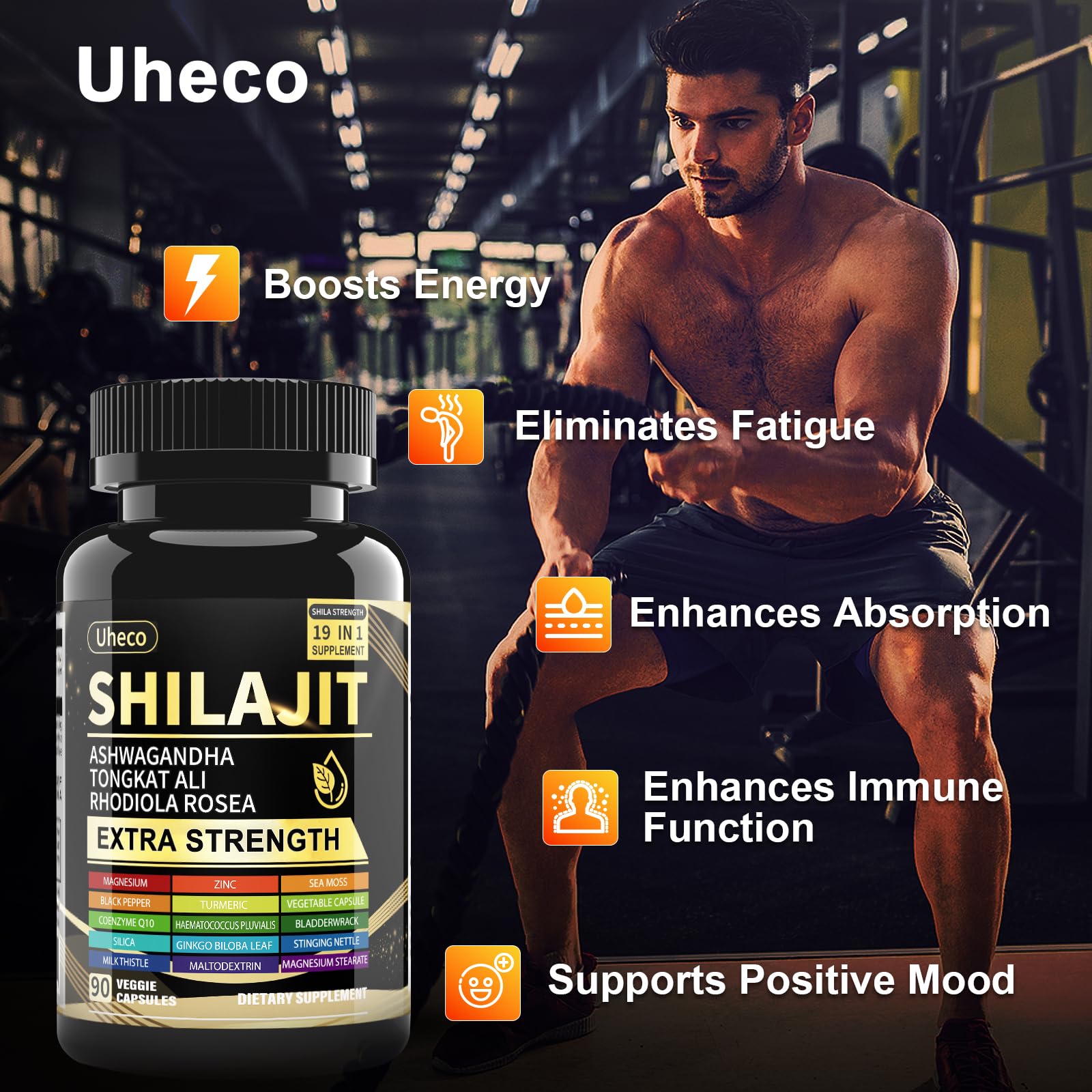 Polvo de shilajit junto a cápsulas Uheco mostrando origen natural