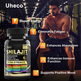 Polvo de shilajit junto a cápsulas Uheco mostrando origen natural