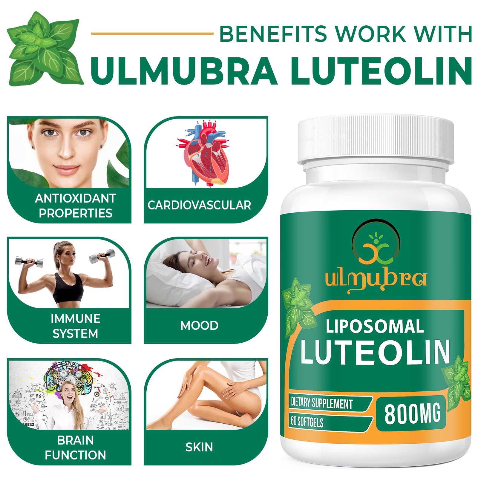 Ulmubra caja abierta con 60 softgels, demostrando suministro para 30 días