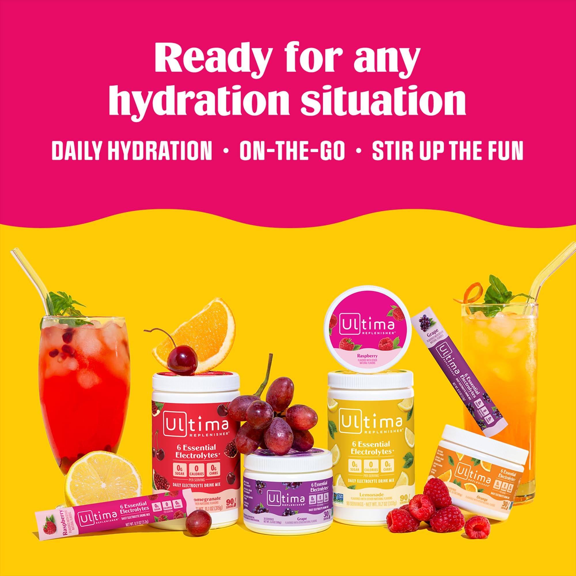Ultima Replenisher cuatro sobres representando cada sabor de la variedad Berry Bliss