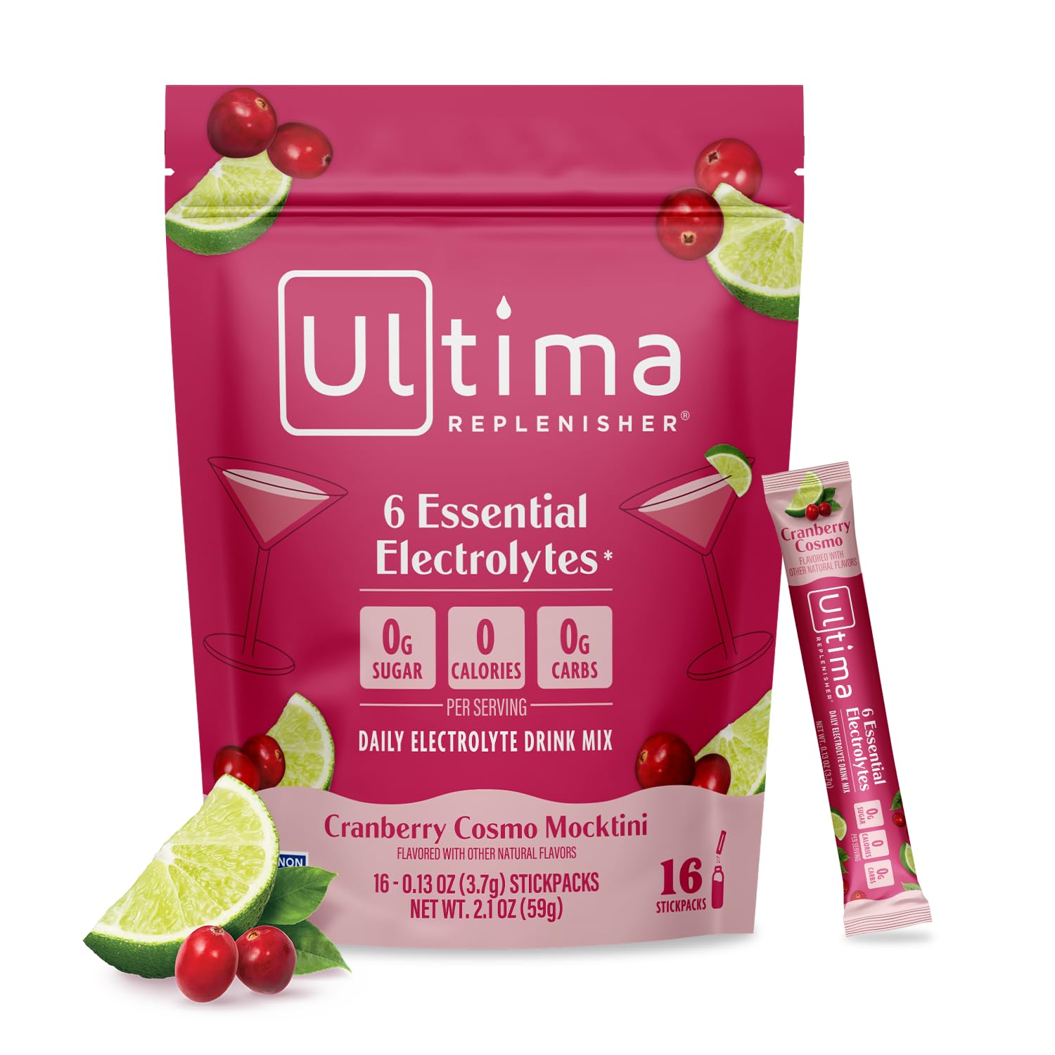 Ultima Replenisher frontal del paquete mostrando sabor Cranberry Cosmo y beneficios