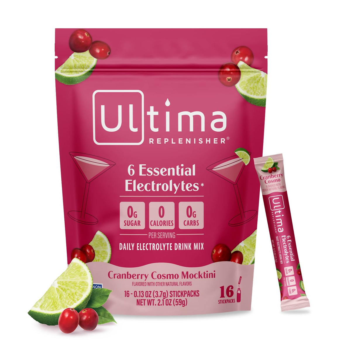 Ultima Replenisher frontal del paquete mostrando sabor Cranberry Cosmo y beneficios