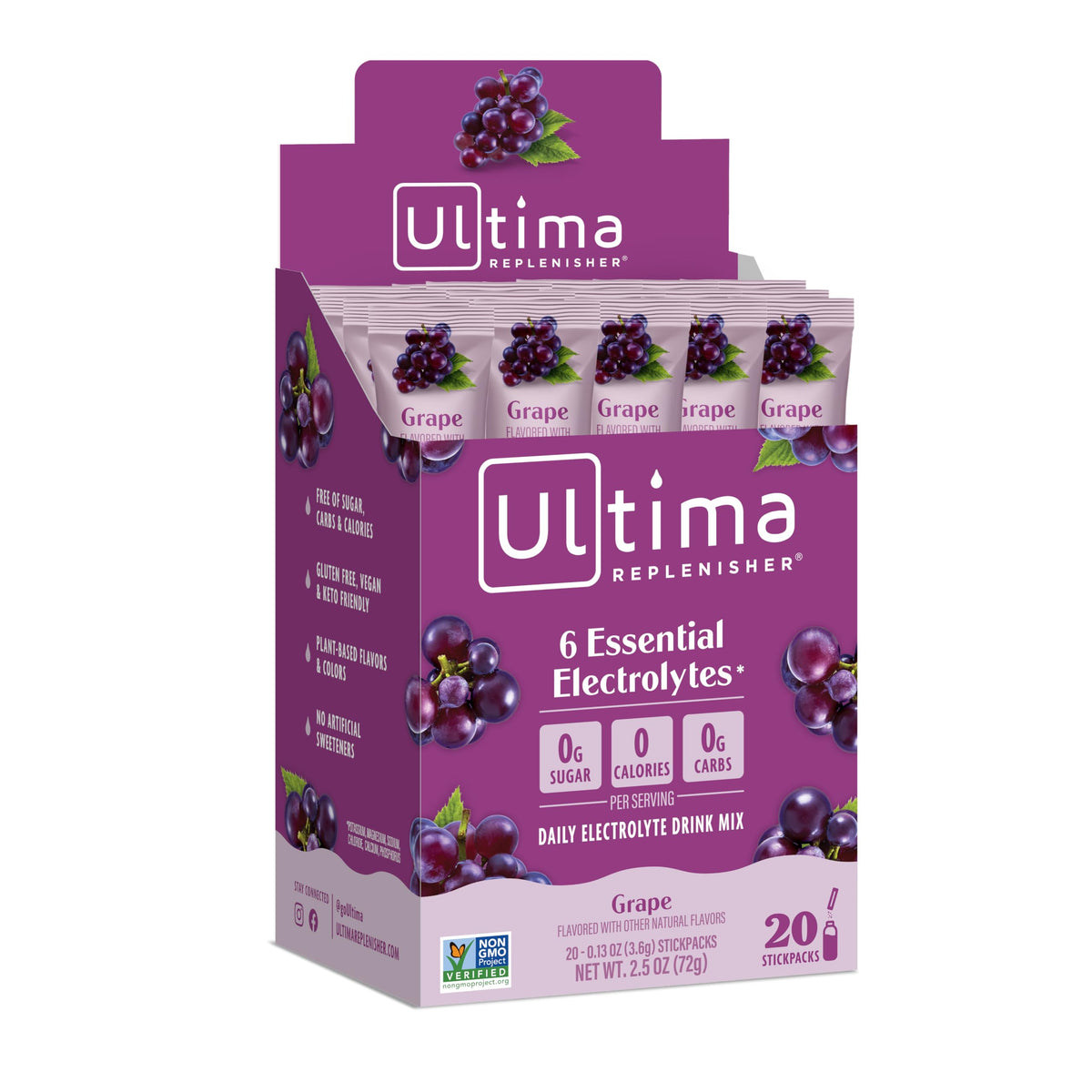 Ultima Replenisher empaque frontal sabor uva mostrando 20 sobres y beneficios