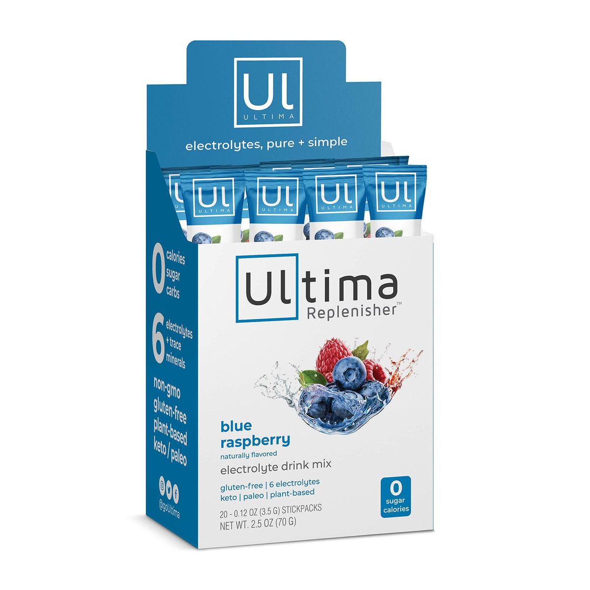 Ultima Replenisher empaque frontal mostrando 20 stickpacks y beneficio de conveniencia