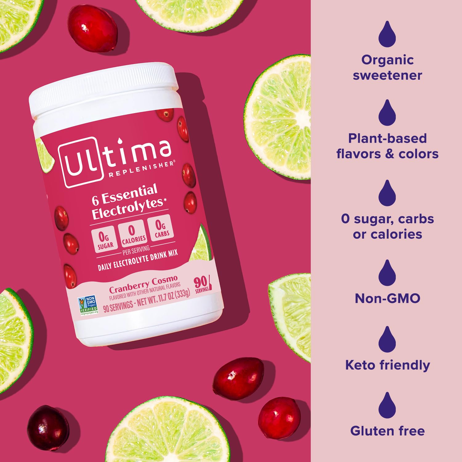 Ultima Replenisher etiqueta con ingredientes clave y beneficios visibles