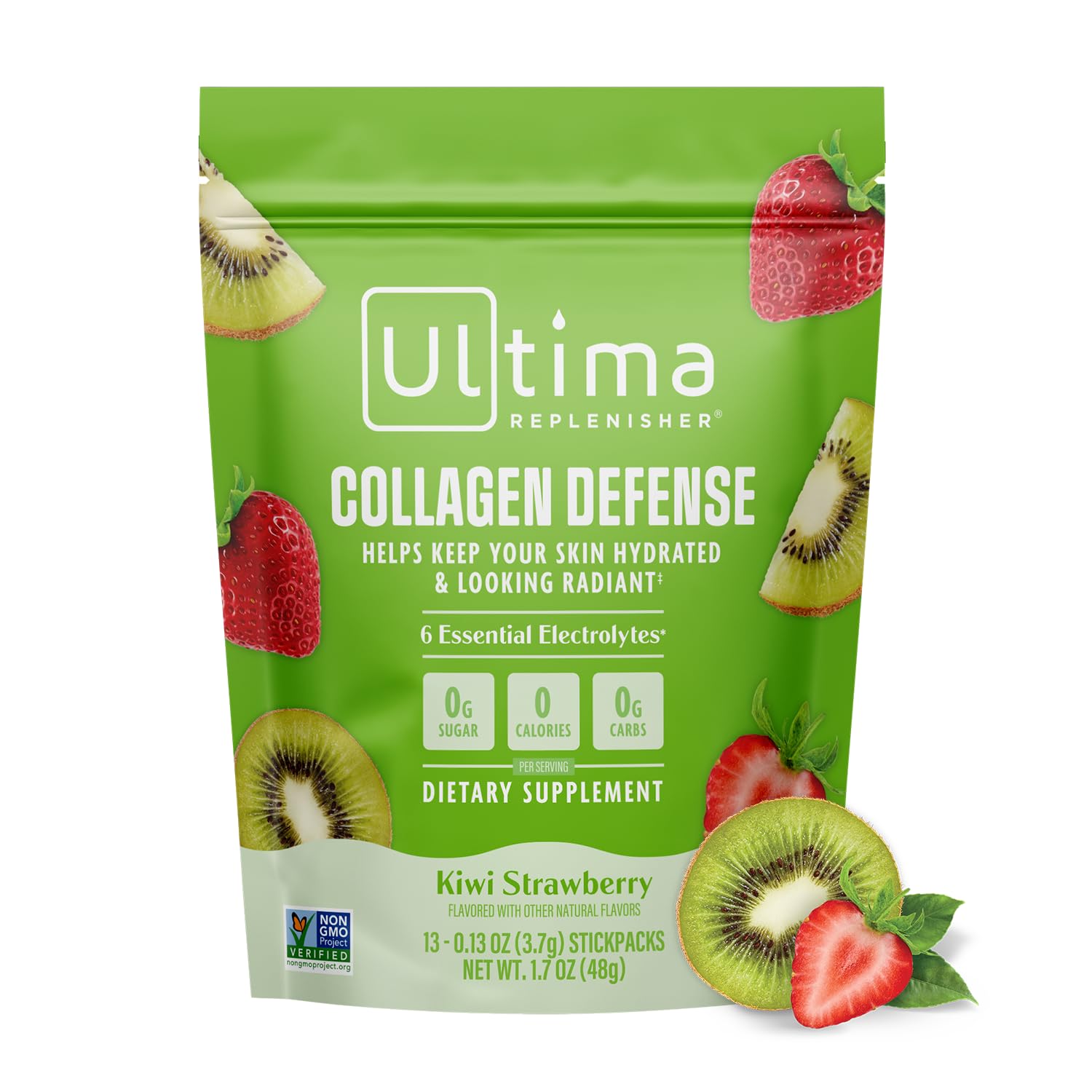 Ultima Replenisher frente del empaque mostrando stickpacks y beneficios