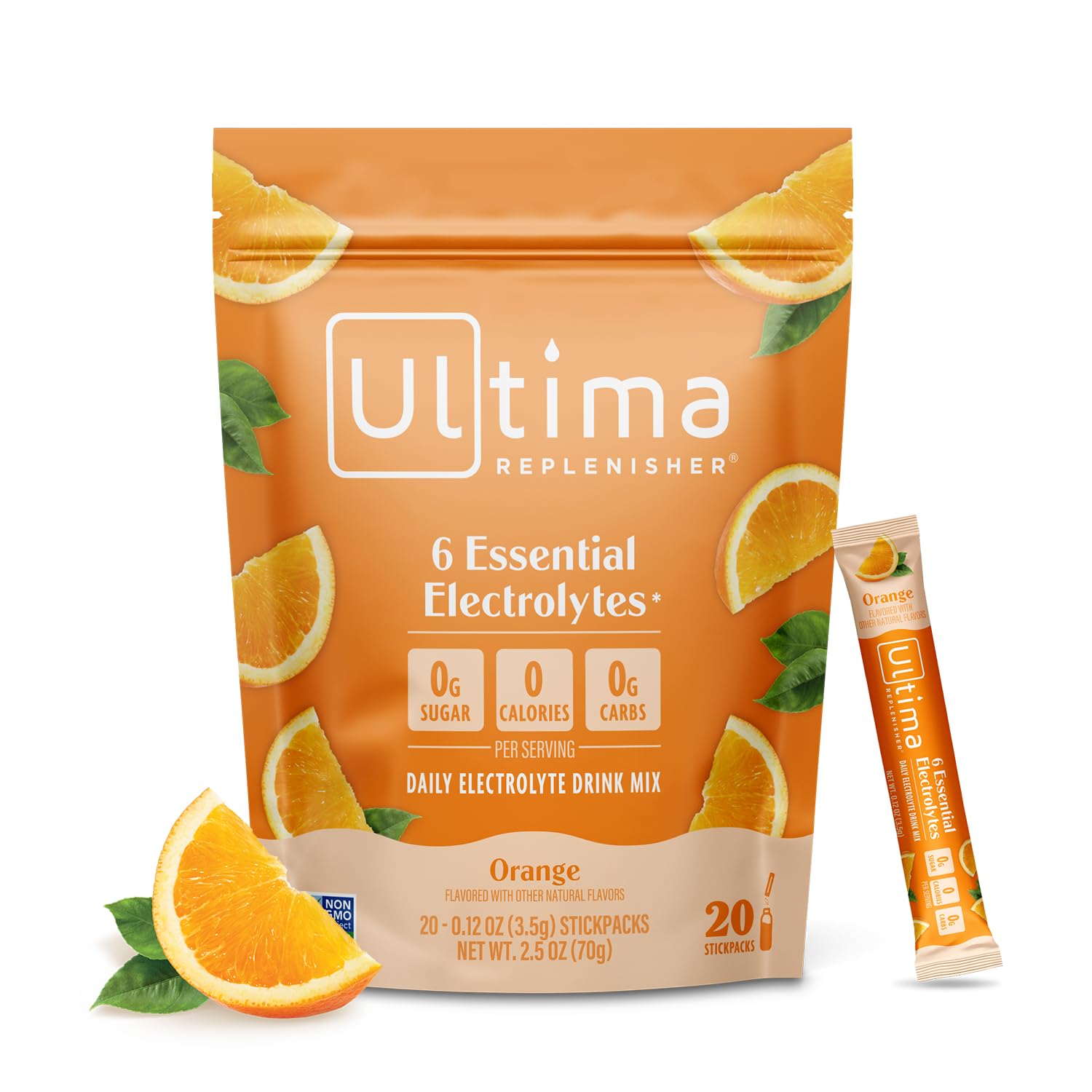 Ultima Replenisher frente del empaque mostrando conveniencia y sabor naranja