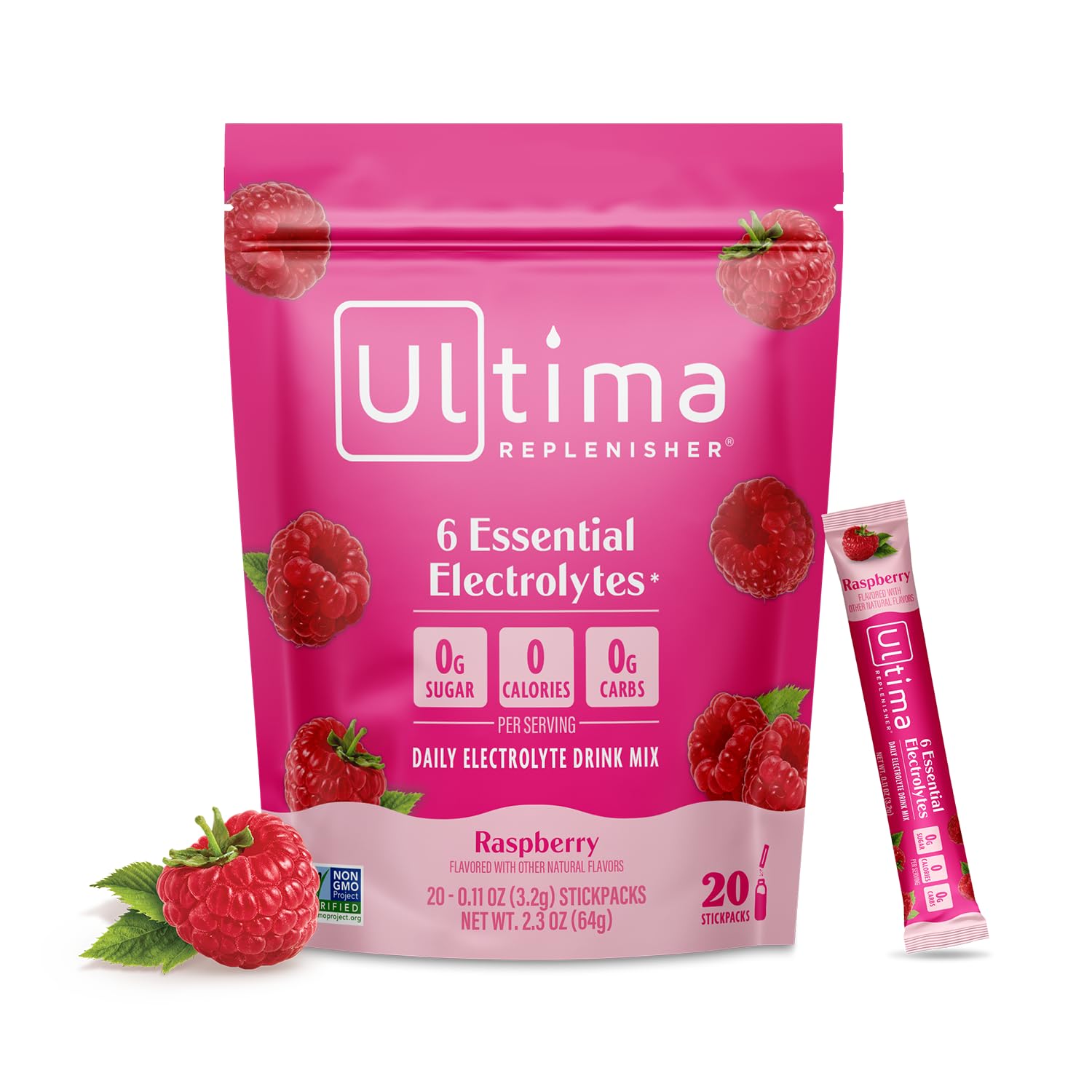 Ultima Replenisher frente del empaque mostrando sabor frambuesa y beneficios