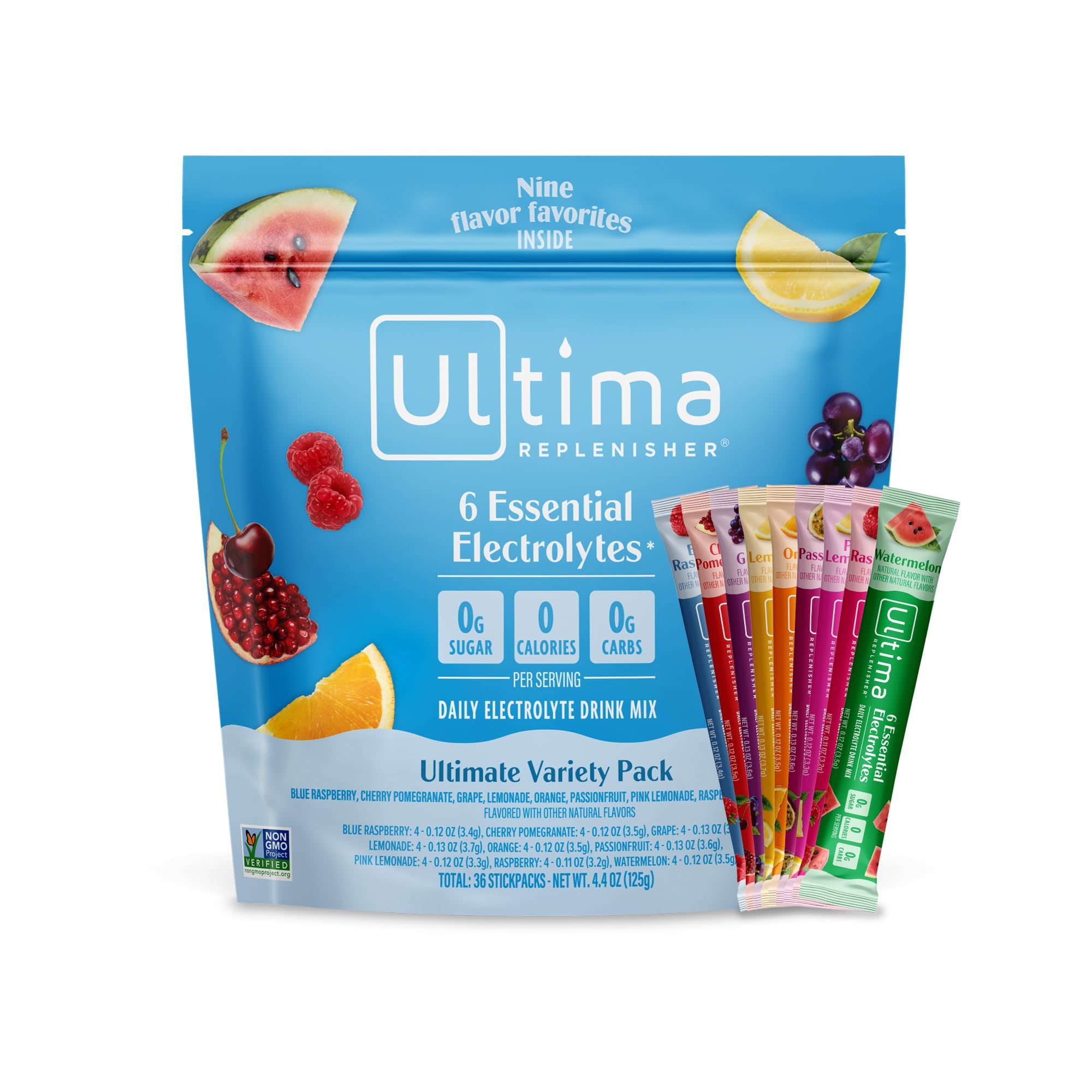 Ultima Replenisher frente del empaque mostrando variedad y conveniencia