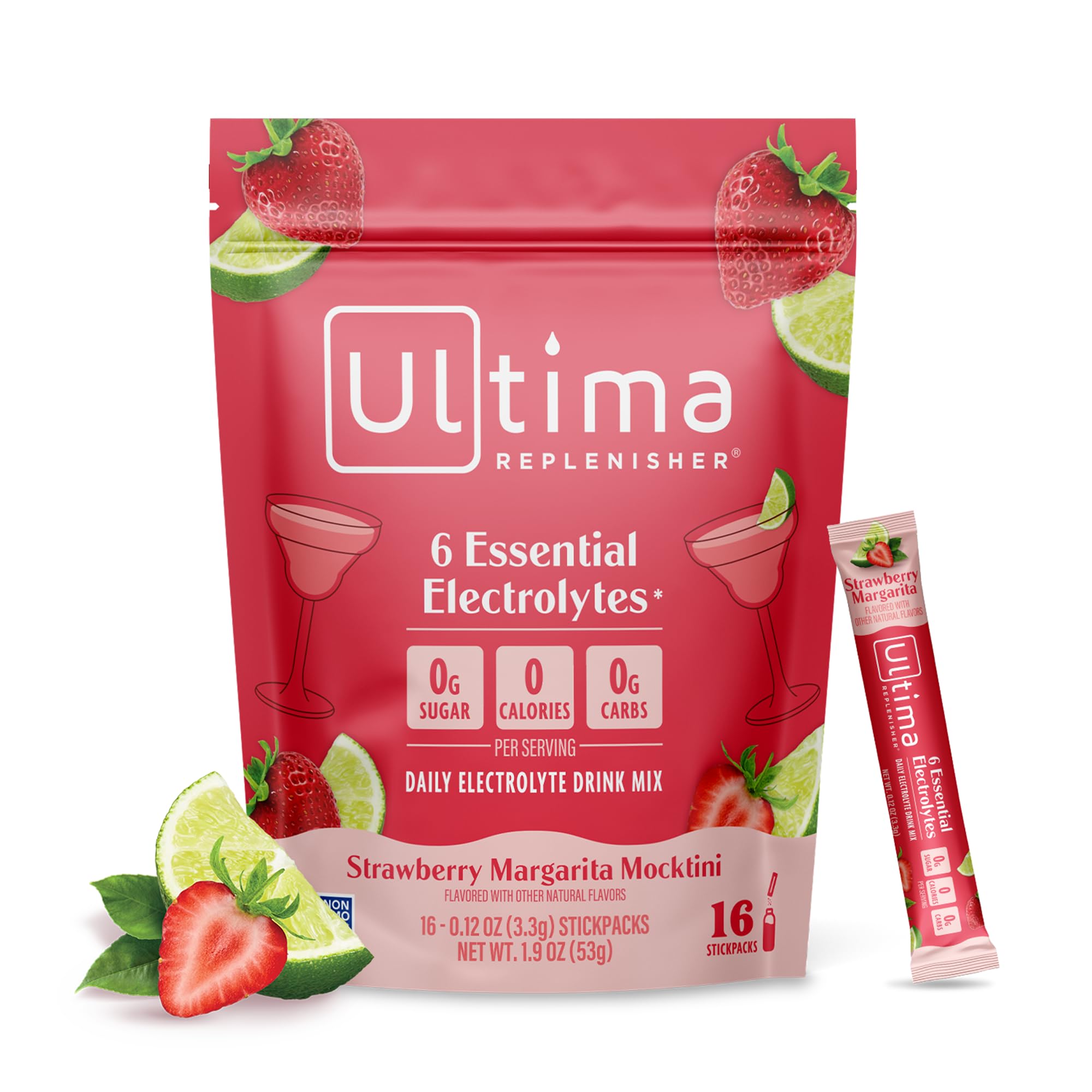 Ultima Replenisher frente del empaque mostrando 16 sobres y beneficio portable