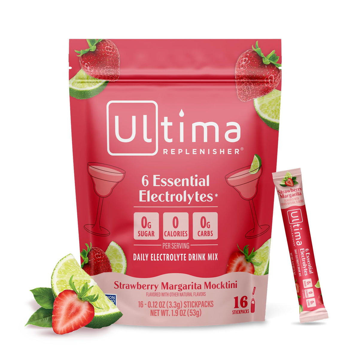 Ultima Replenisher frente del empaque mostrando 16 sobres y beneficio portable
