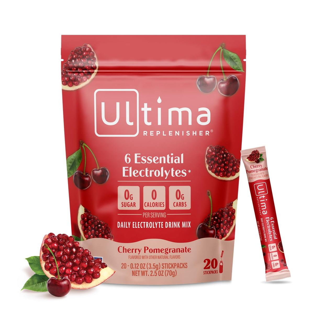 Ultima Replenisher empaque frontal mostrando sabor cherry pomegranate y beneficio portable