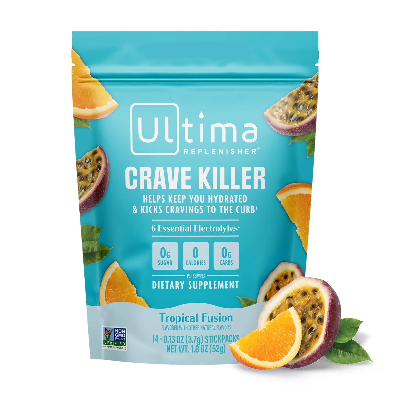 Ultima Replenisher frente del empaque mostrando sabor tropical y formato stickpacks, beneficio portabilidad