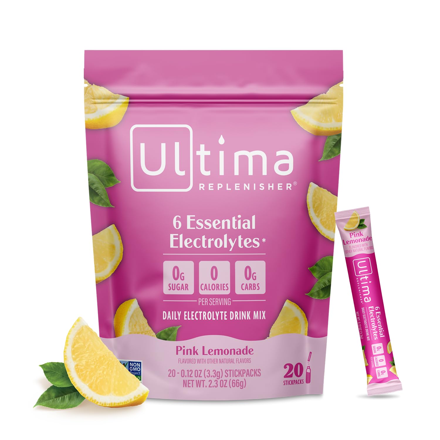 Ultima Replenisher frontal packaging mostrando 20 stickpacks y beneficio portátil