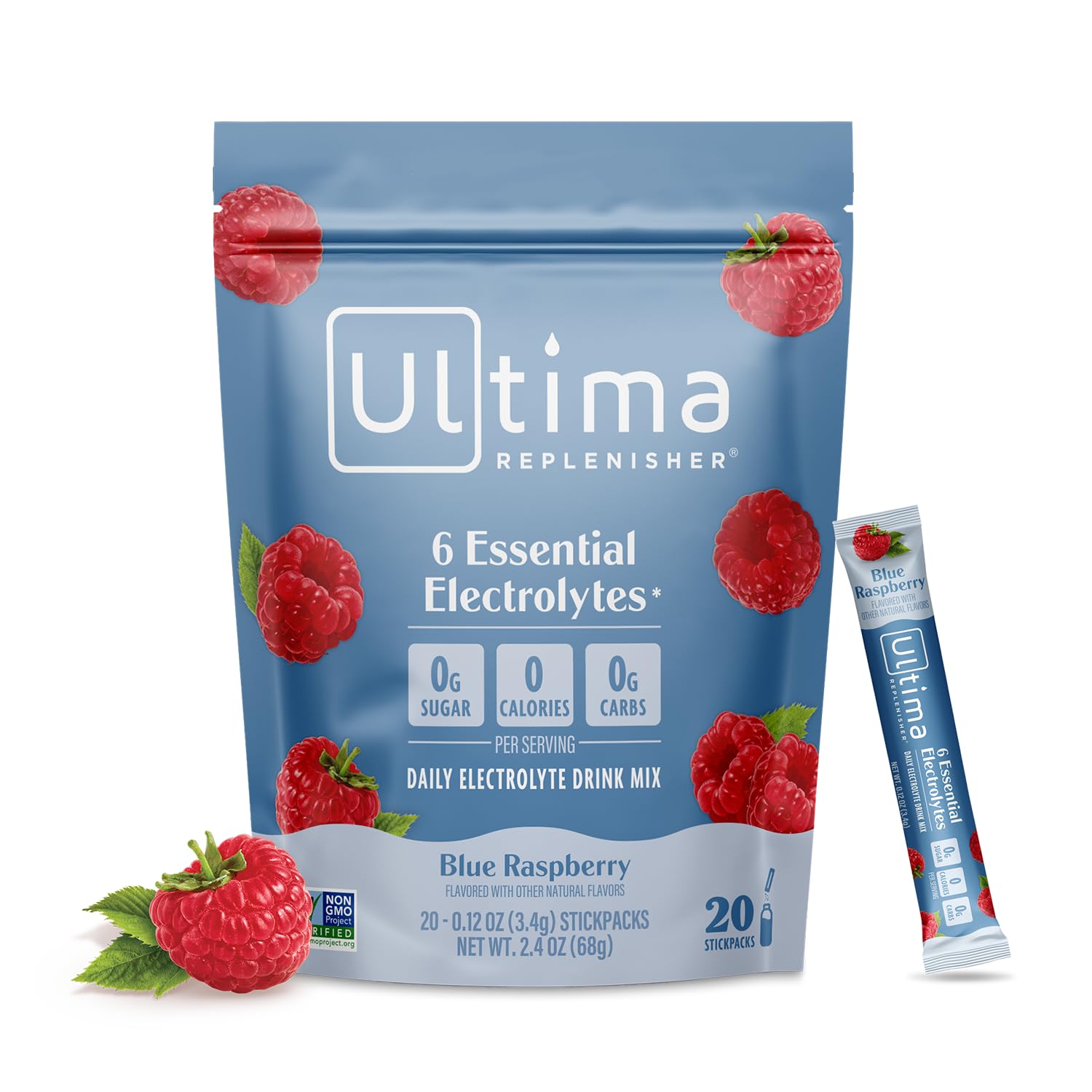 Ultima Replenisher frontal del paquete mostrando 20 stickpacks y beneficios