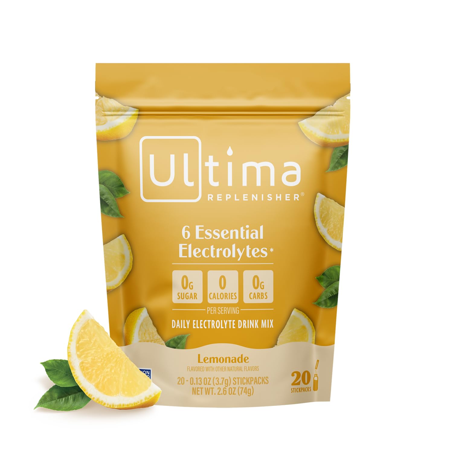 Ultima Replenisher frente del empaque mostrando 20 stickpacks y beneficios claros