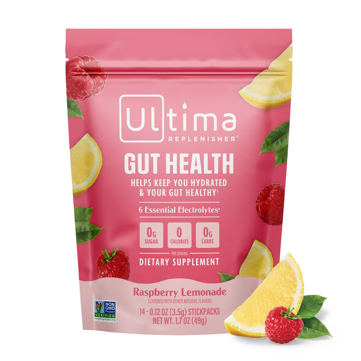 Ultima Replenisher pack frente mostrando 14 stickpacks y el sabor frambuesa-limonada, ideal para hidratación