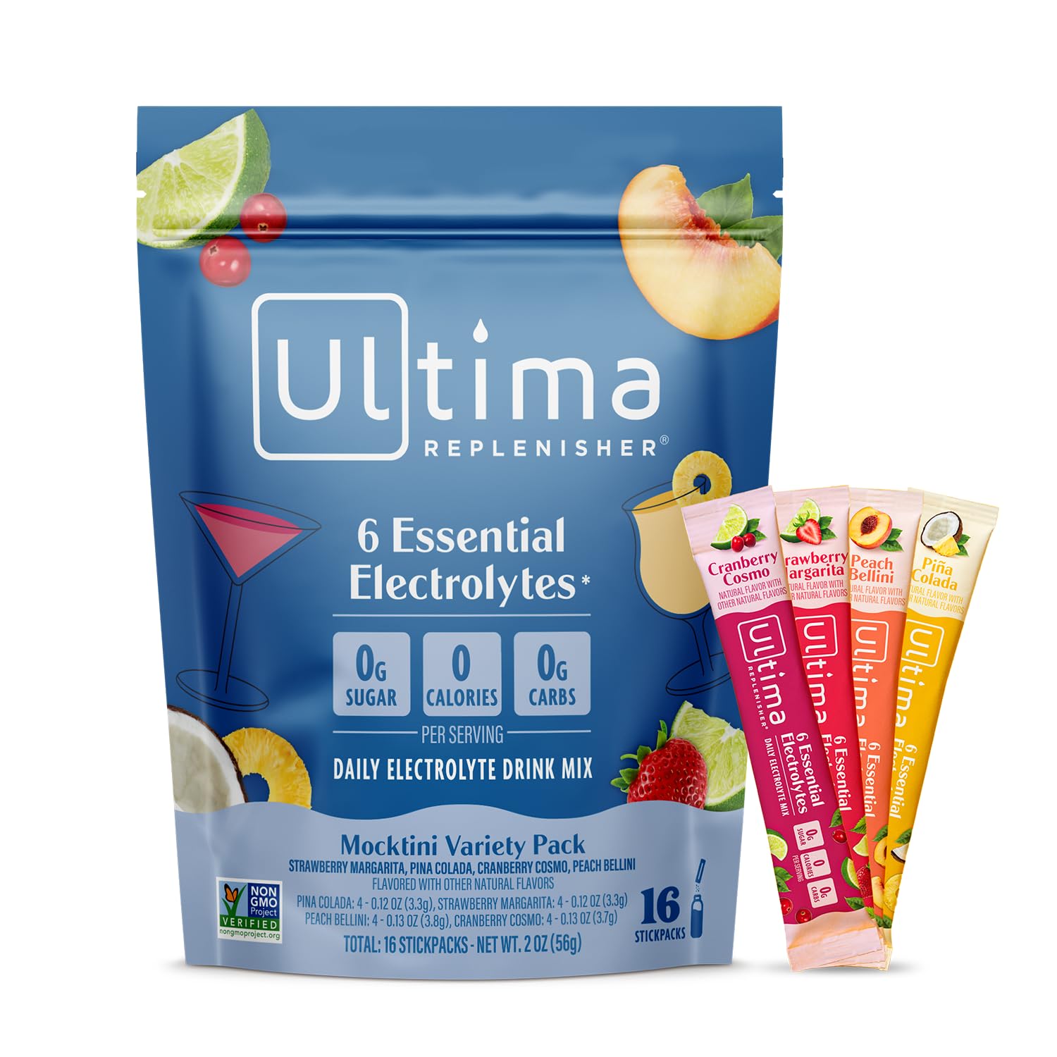 Ultima Replenisher caja frontal mostrando 16 stickpacks y sabores variados