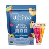 Ultima Replenisher caja frontal mostrando 16 stickpacks y sabores variados
