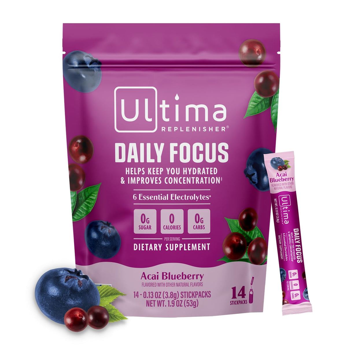 Ultima Replenisher paquete frontal mostrando stickpacks y beneficio de hidratación rápida