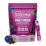 Ultima Replenisher paquete frontal mostrando stickpacks y beneficio de hidratación rápida