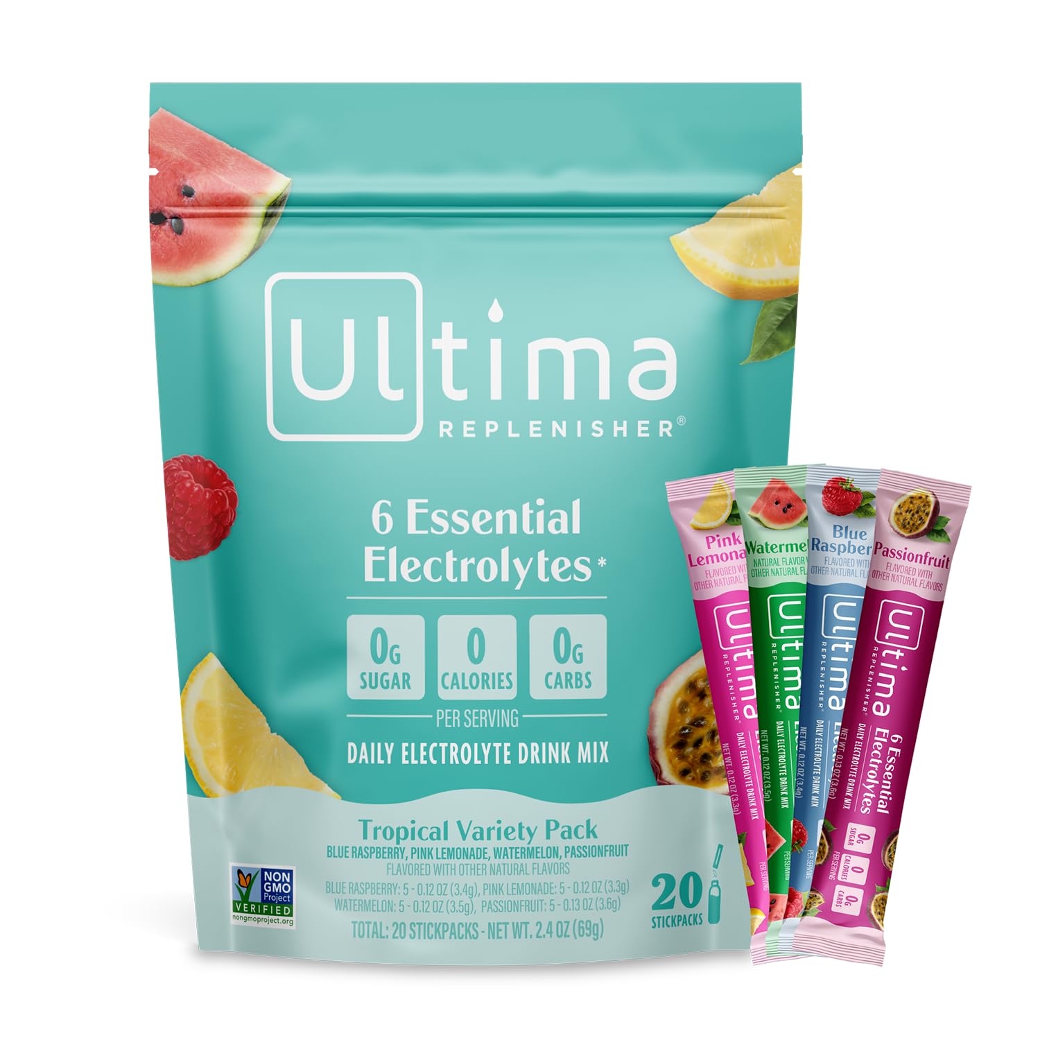 Ultima Replenisher paquete frontal mostrando los 20 stickpacks y beneficio de variedad