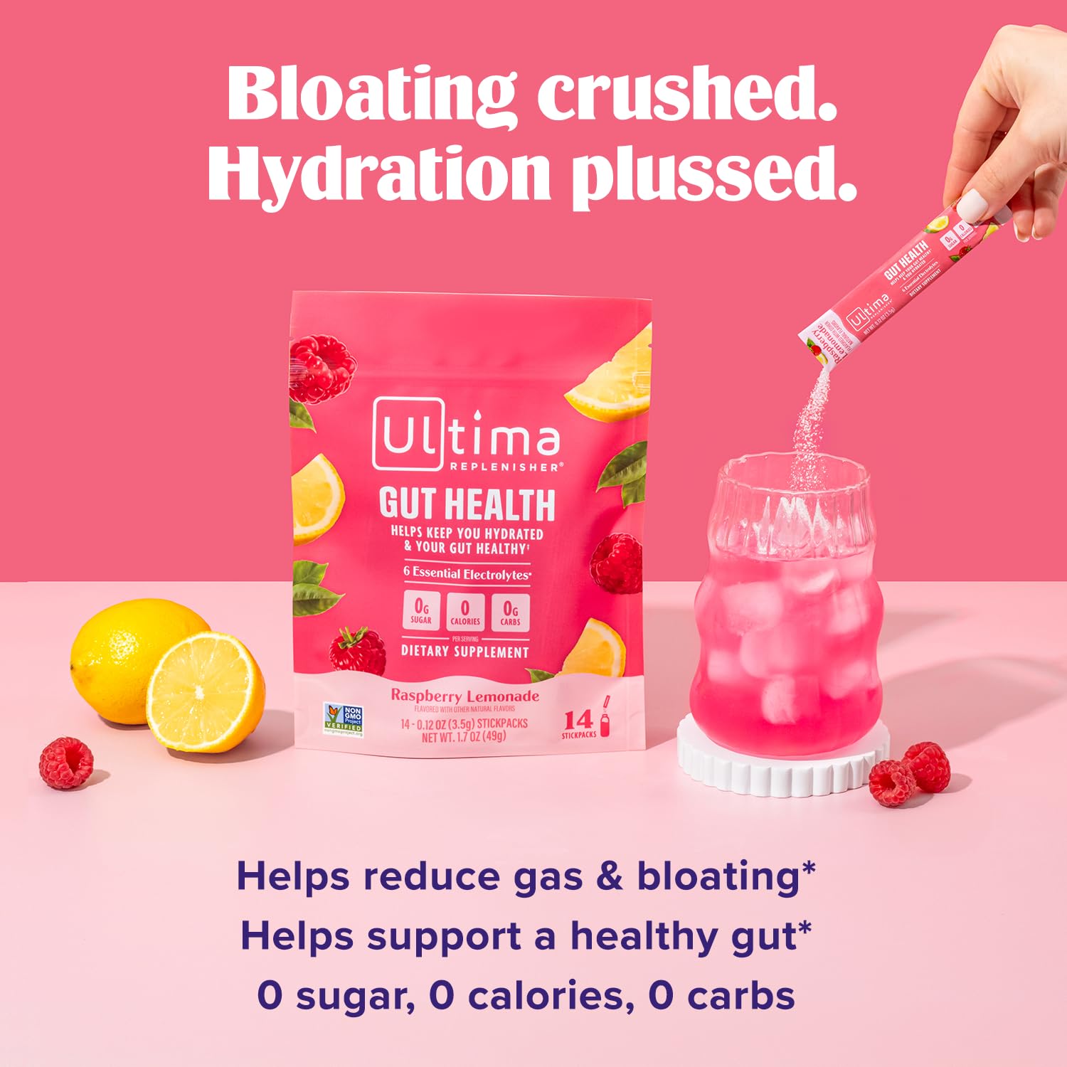 Ultima Replenisher polvo rosa textura fina en cucharada, mezcla instantánea sin grumos
