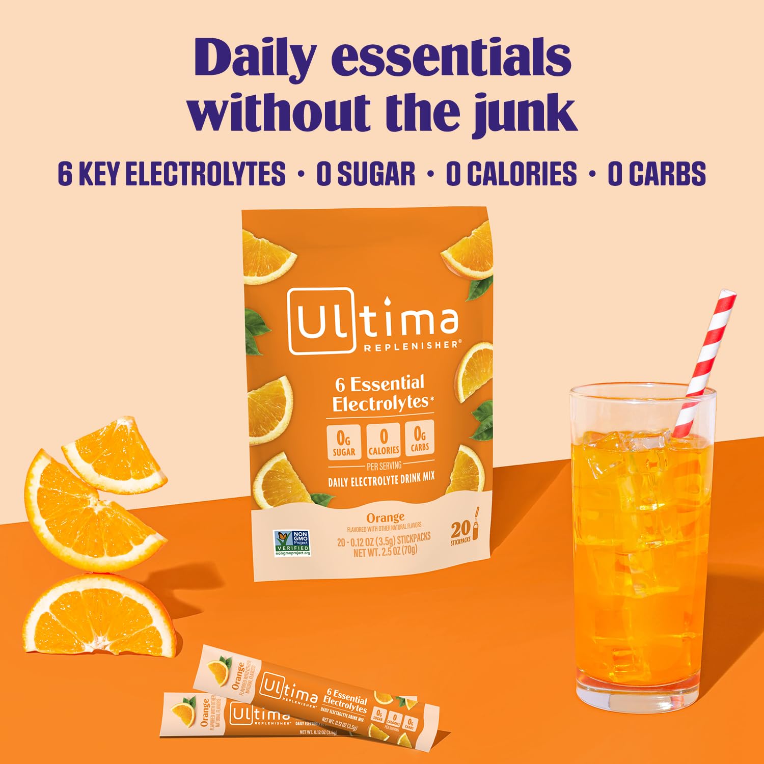 Ultima Replenisher polvo naranja en sobre abierto, textura fina y fácil disolución
