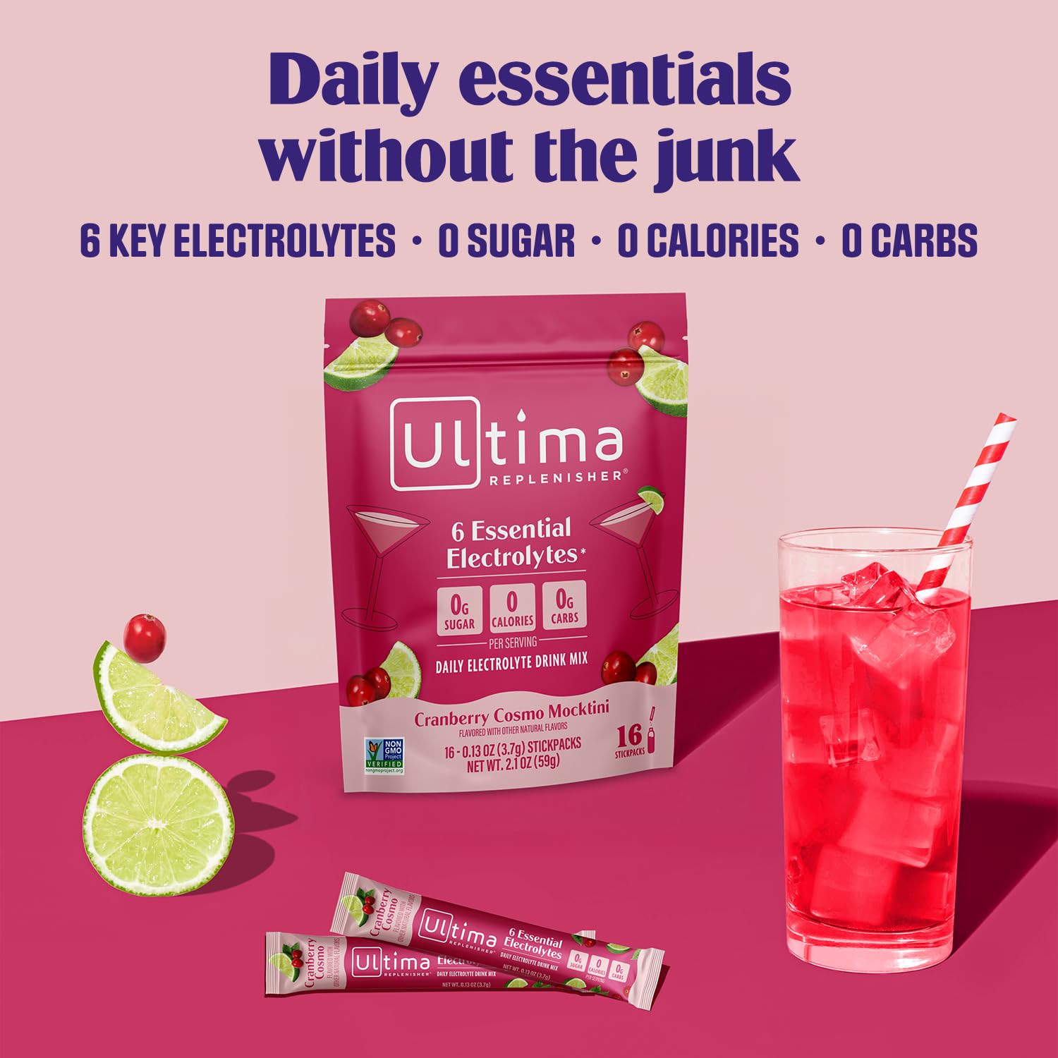 Ultima Replenisher stickpack abierto con polvo para hidratación rápida y portátil