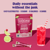 Ultima Replenisher stickpack abierto con polvo para hidratación rápida y portátil