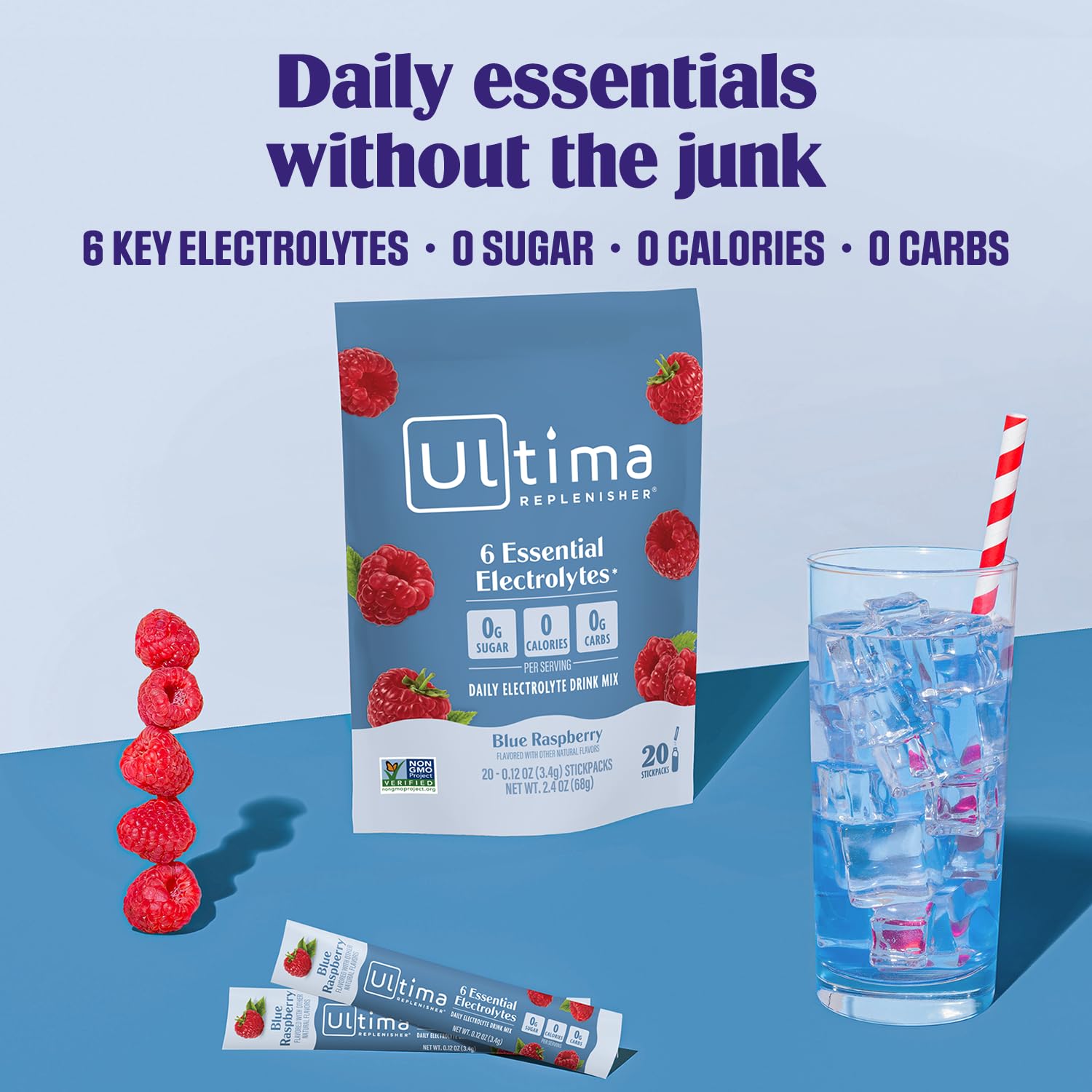 Ultima Replenisher primer plano de un stickpack fácil de llevar y dosificar