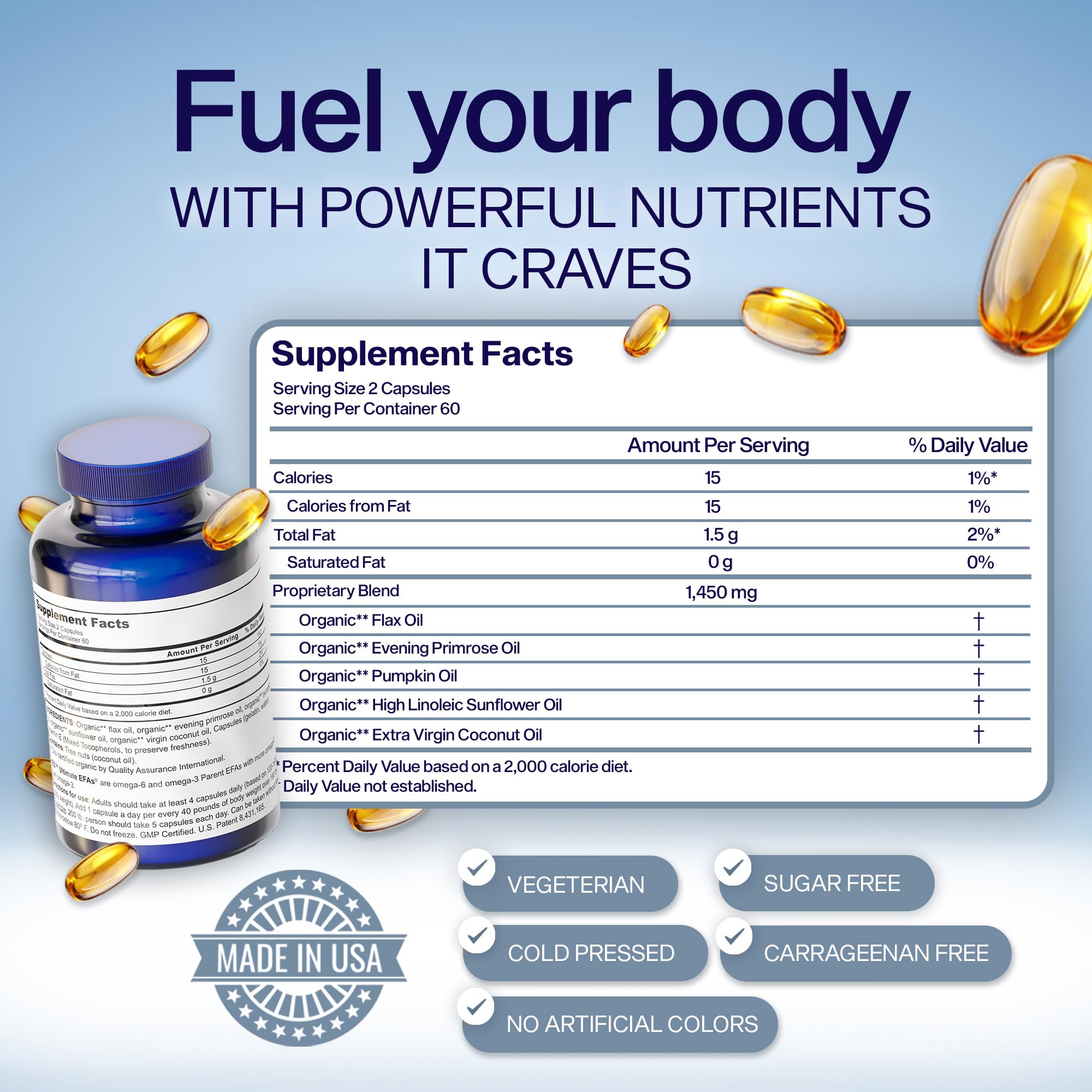 ULTIMATE EFAs semillas secas usadas en la fórmula mostrando origen natural