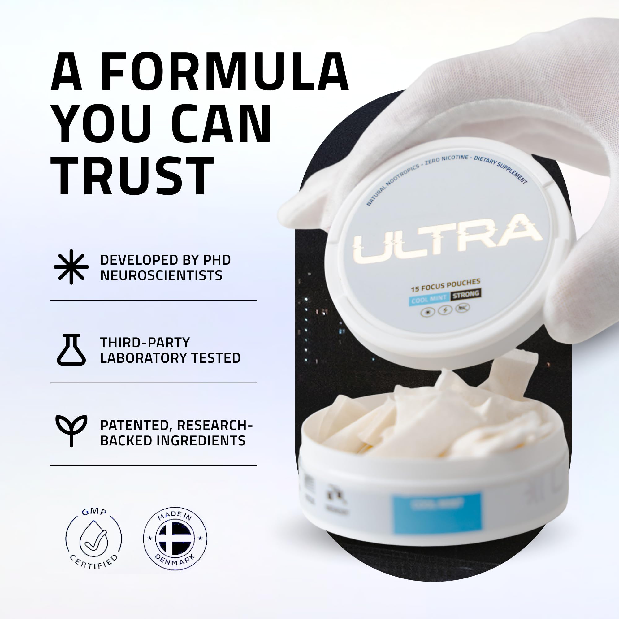 Ultra Pouches latas abiertas con varias pouches que muestran fácil acceso