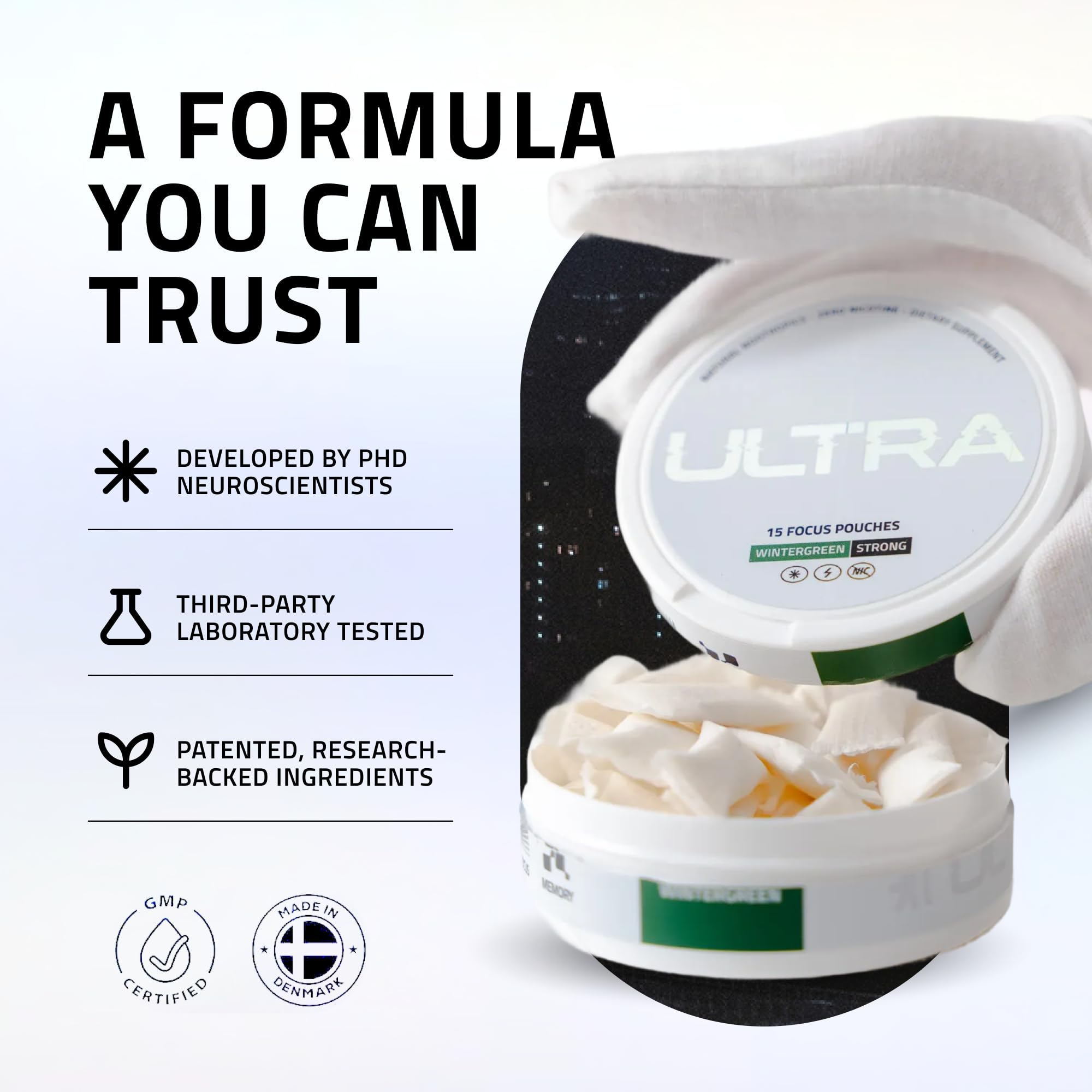 Ultra Pouches etiqueta con ingredientes para transparencia y confianza