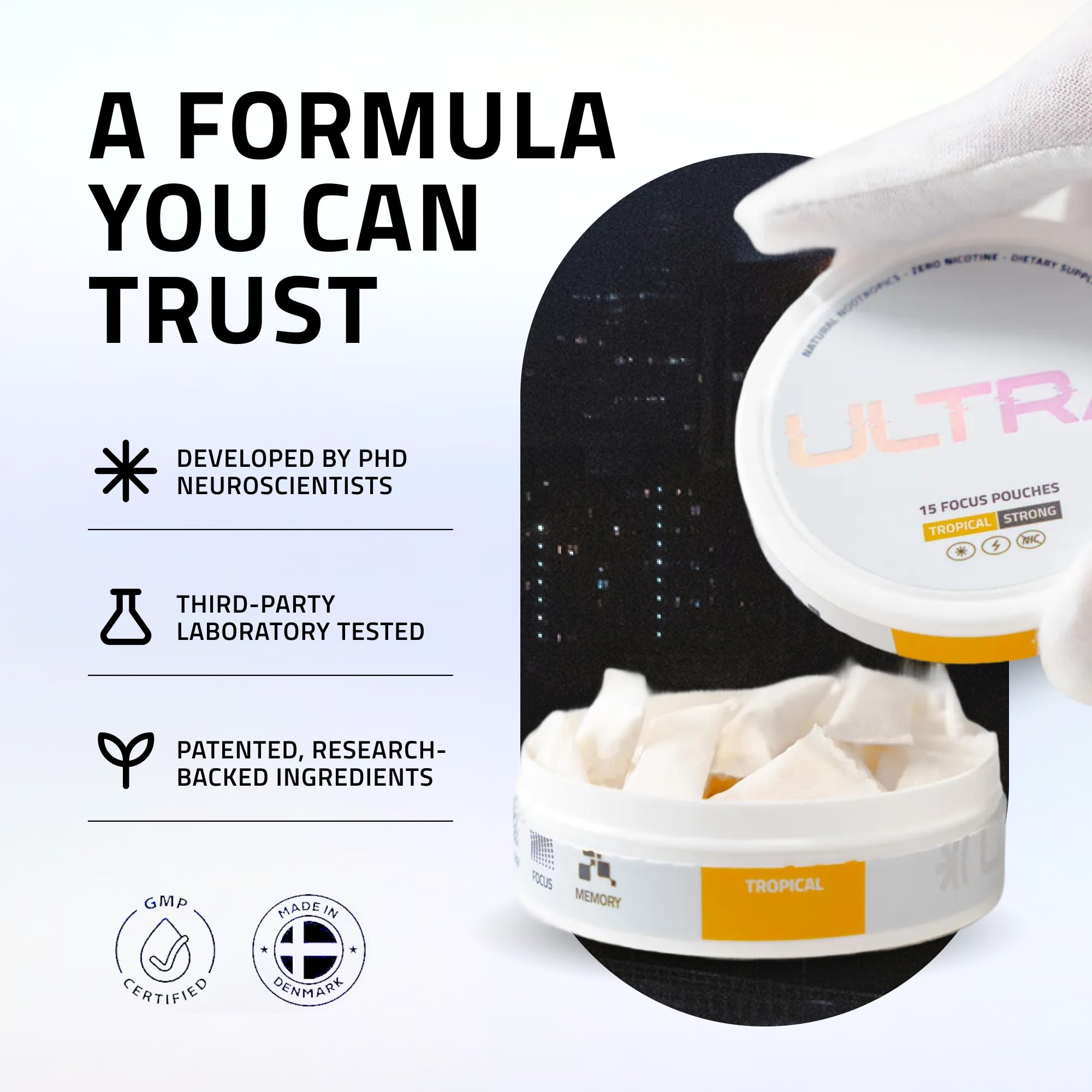 Ultra Pouches etiqueta con ingredientes para transparencia y confianza