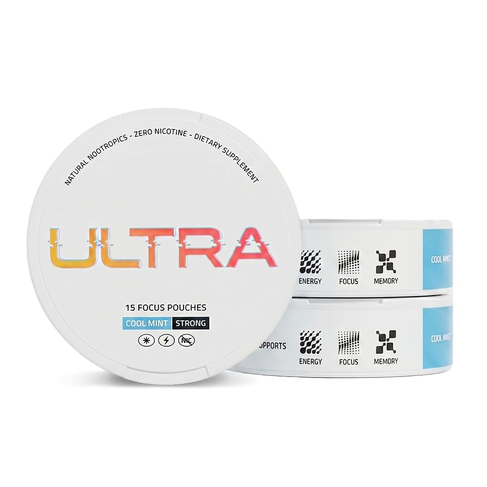 Ultra Pouches frontal de lata mostrando el envase y beneficio de portabilidad