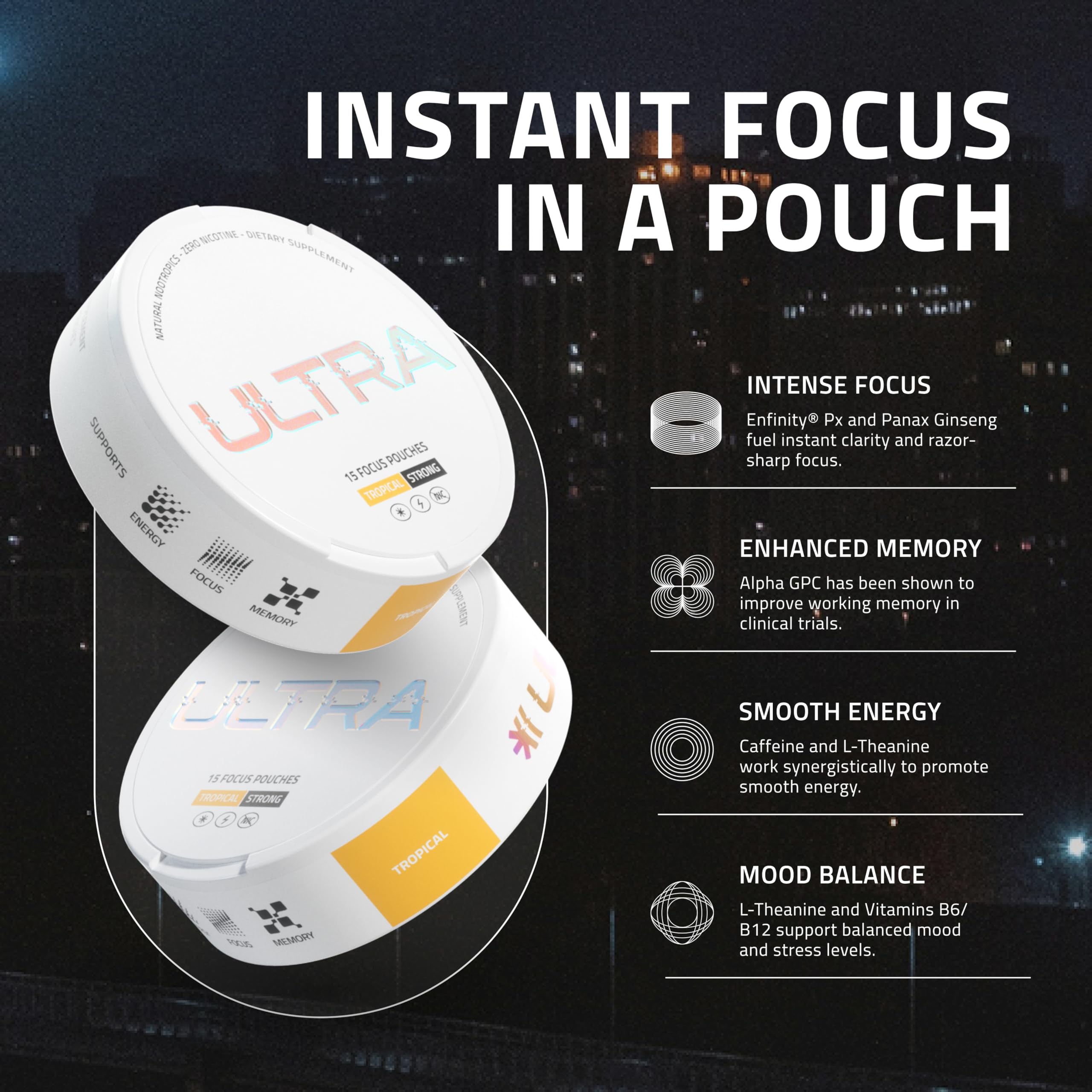 Ultra Pouches lata abierta mostrando bolsitas y accesibilidad