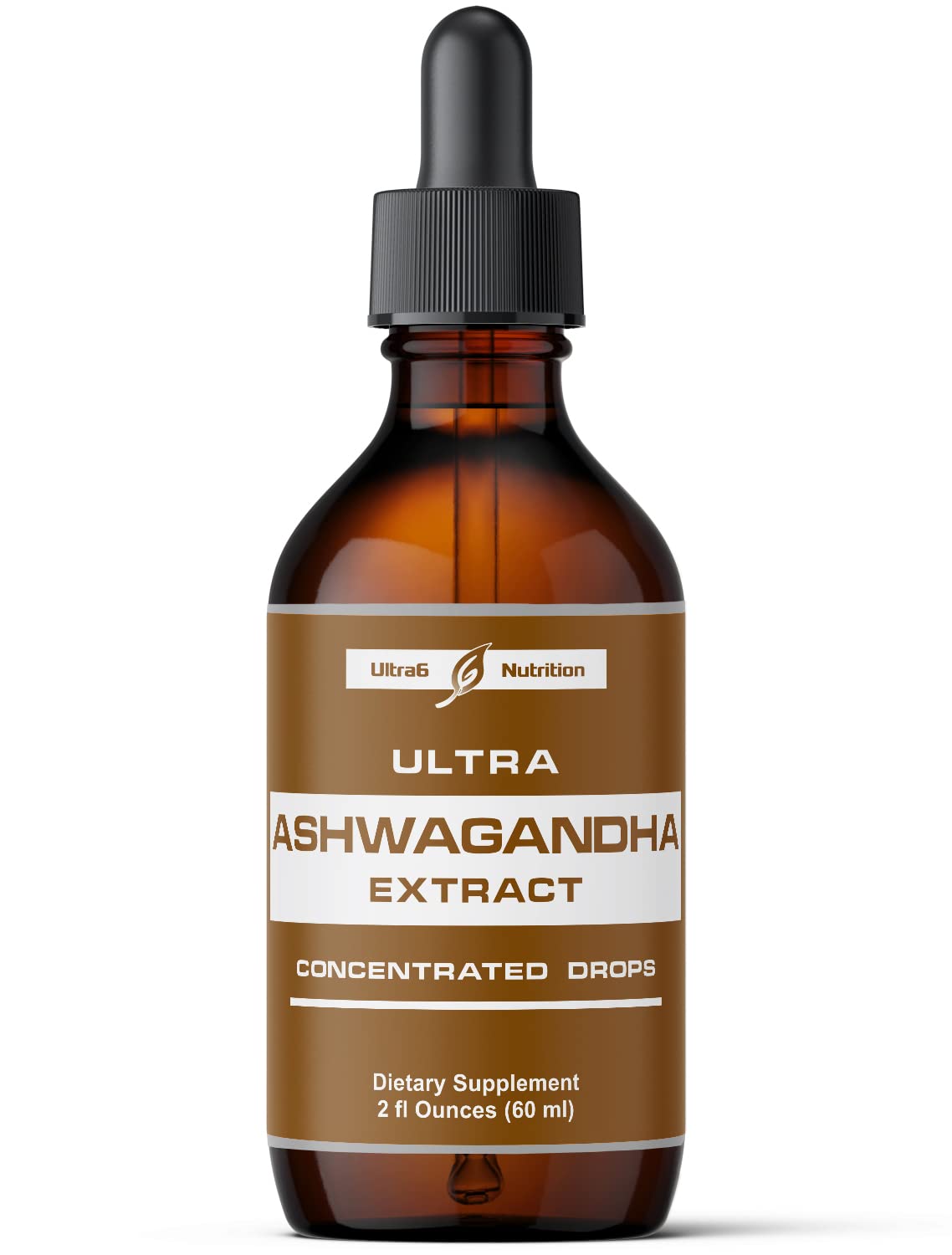 Ultra6 Nutrition frasco frontal con gotas de ashwagandha visible, práctico y concentrado