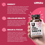 UMZU etiqueta con lista de las ocho vitaminas B y beneficios claros