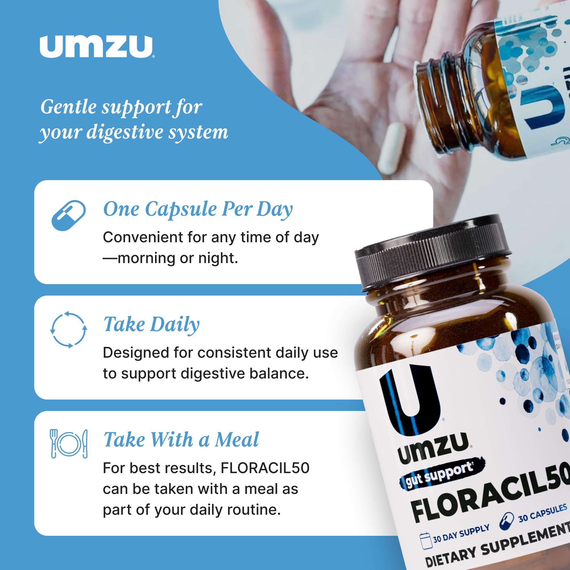 UMZU Floracil50 botella abierta mostrando cápsulas listas para uso