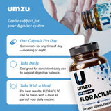 UMZU Floracil50 botella abierta mostrando cápsulas listas para uso