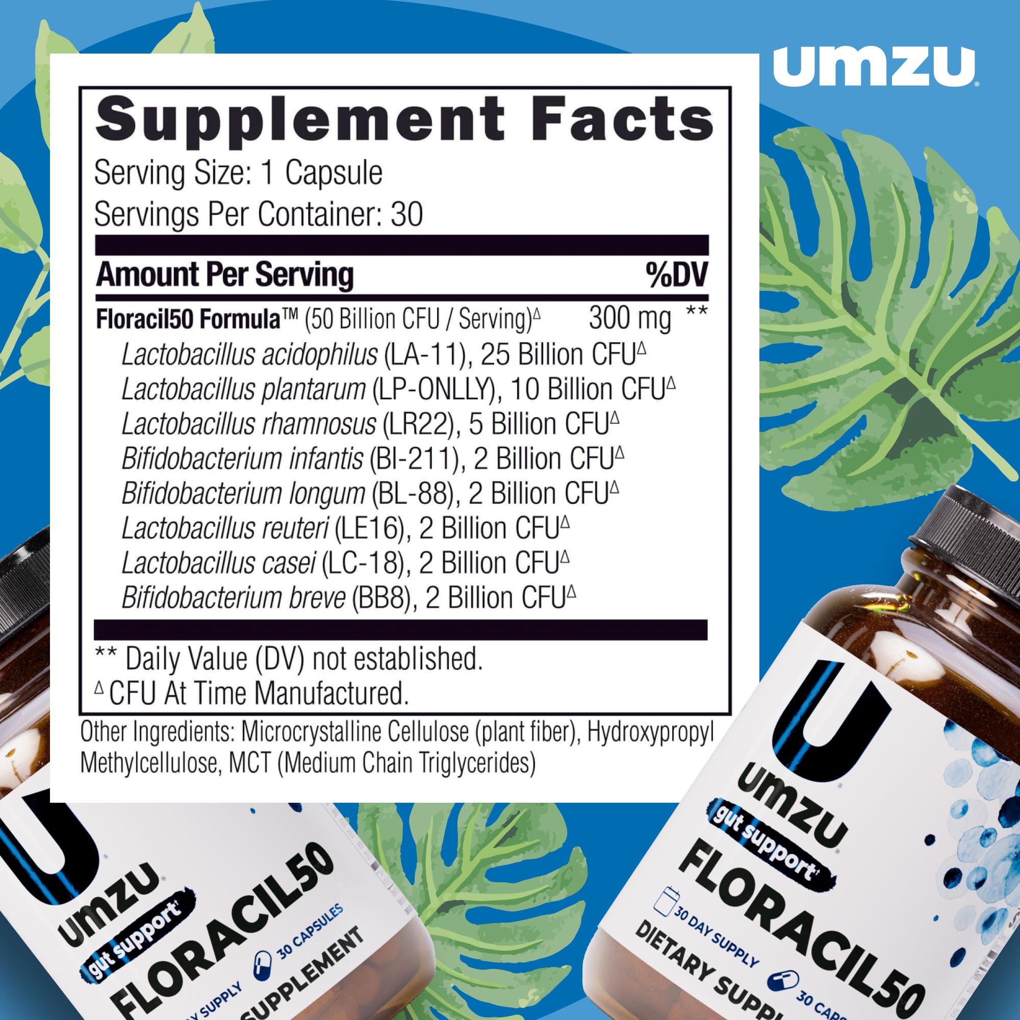 UMZU Floracil50 lista de ingredientes con cepas probióticas visibles