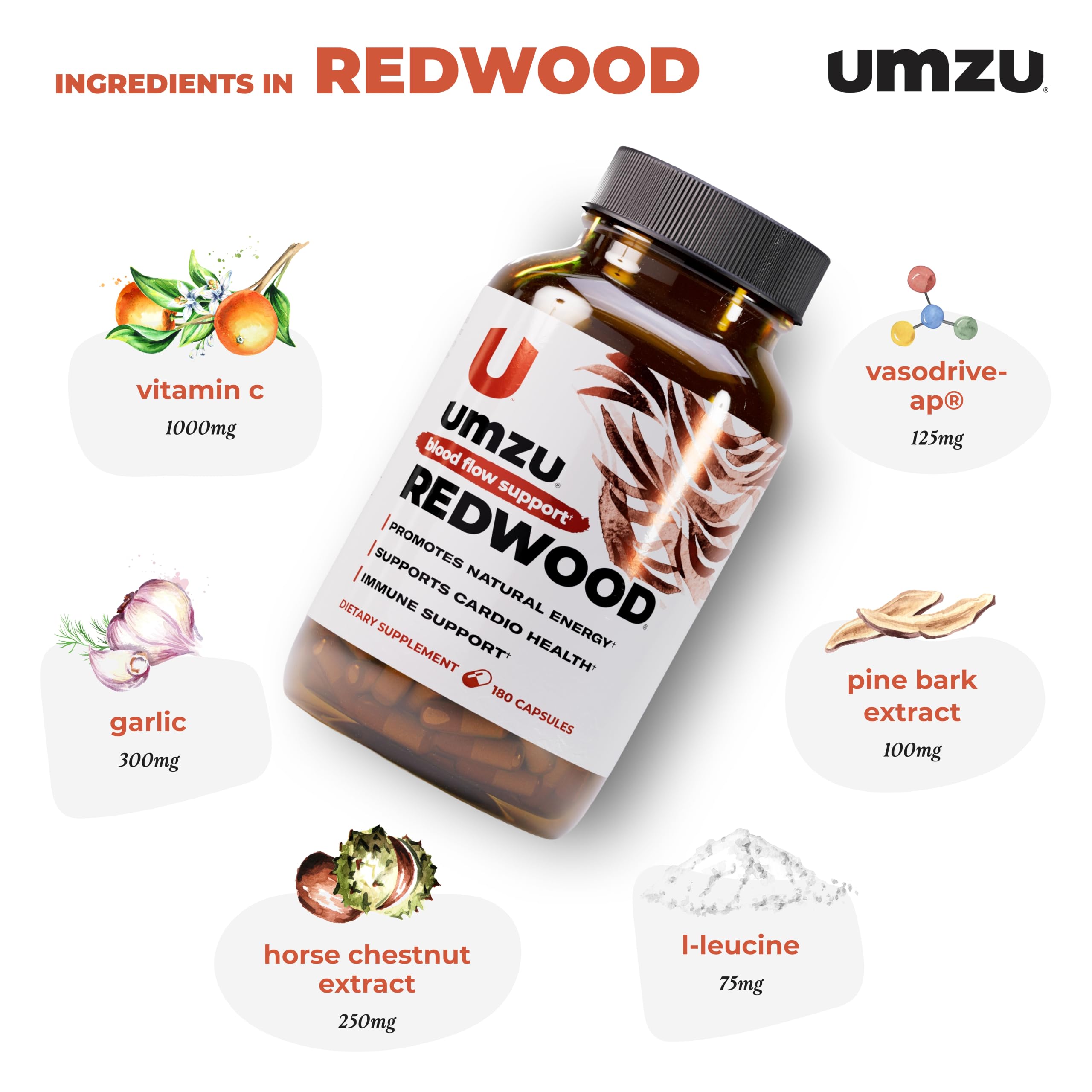 UMZU cápsulas junto a polvo texturizado ilustrando ingredientes naturales